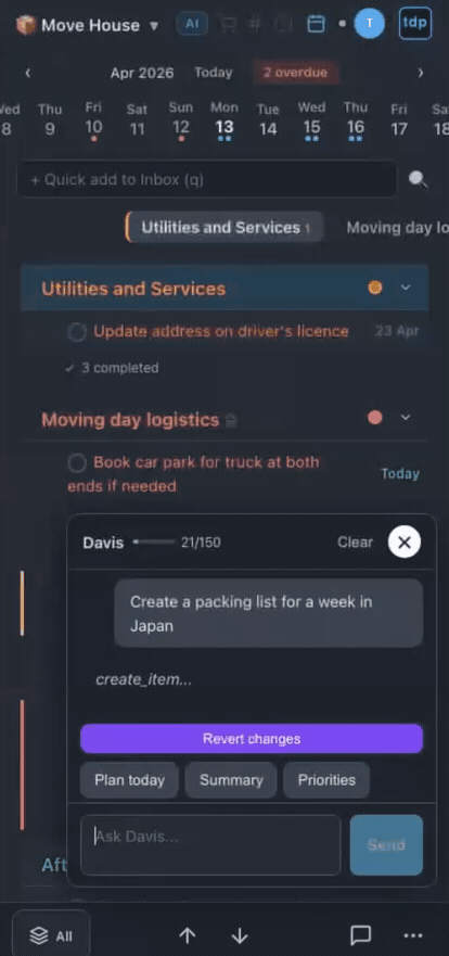 Davis AI creating a packing list for Japan