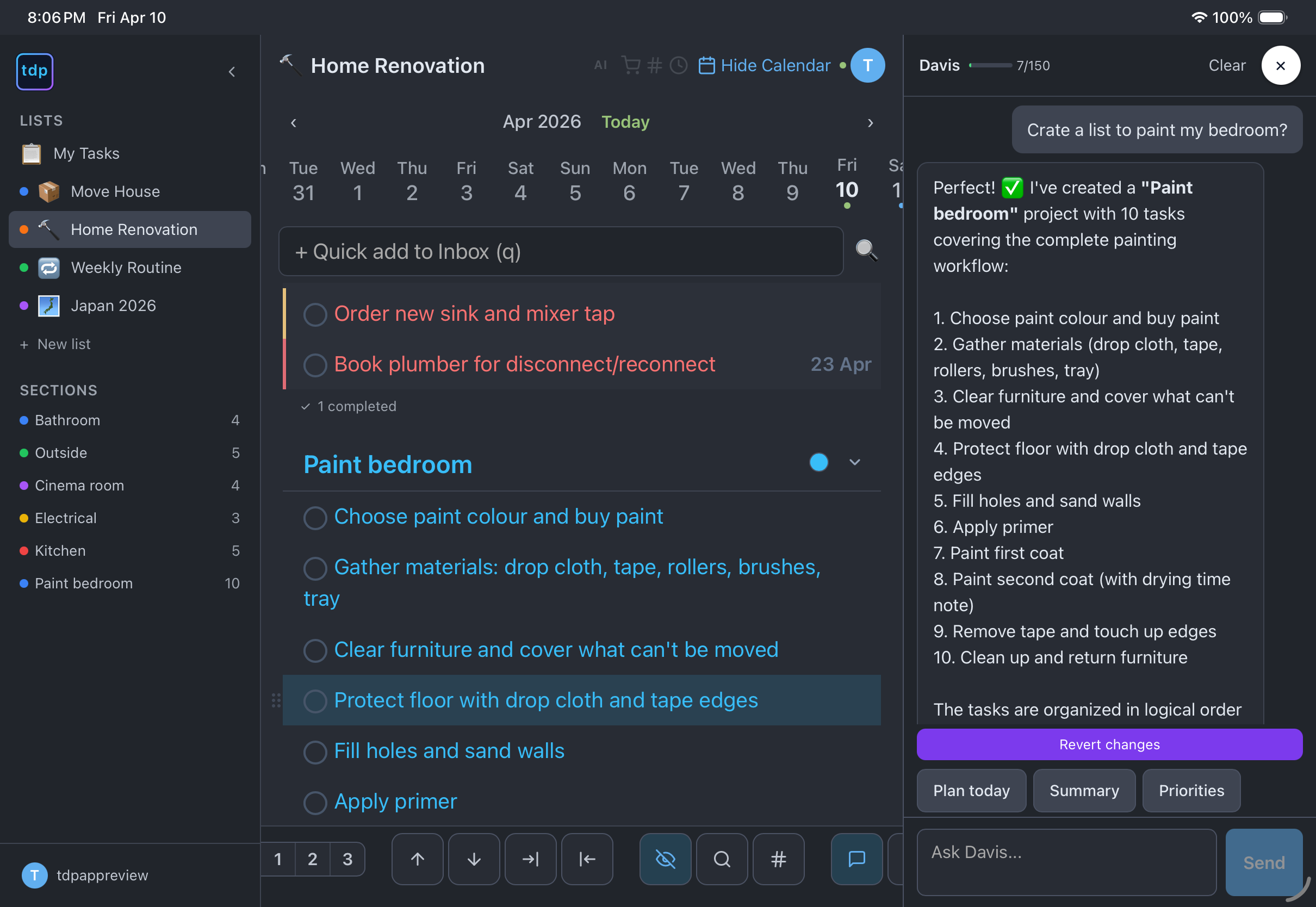 tdp task list with nested items, priorities, calendar strip, and AI assistant