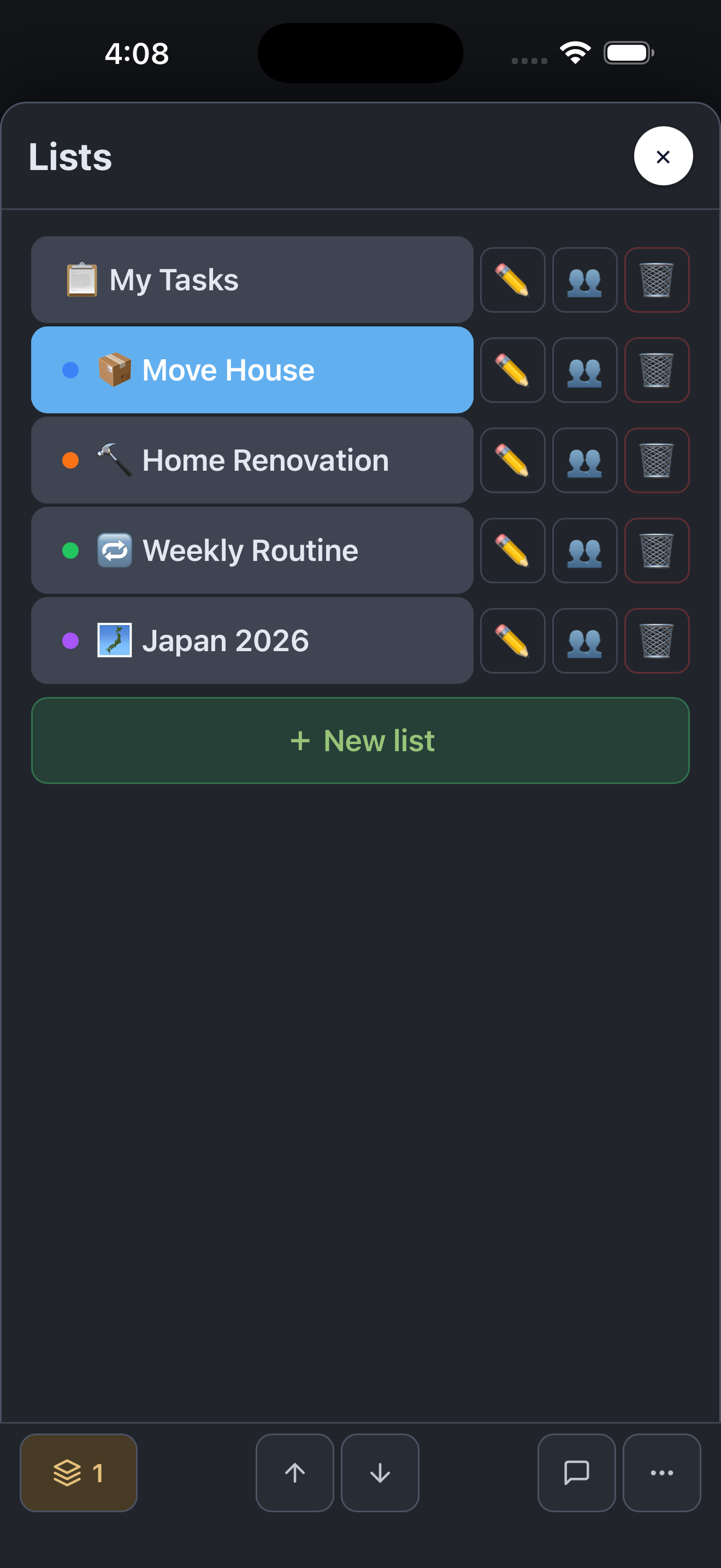 Multiple lists with sharing controls