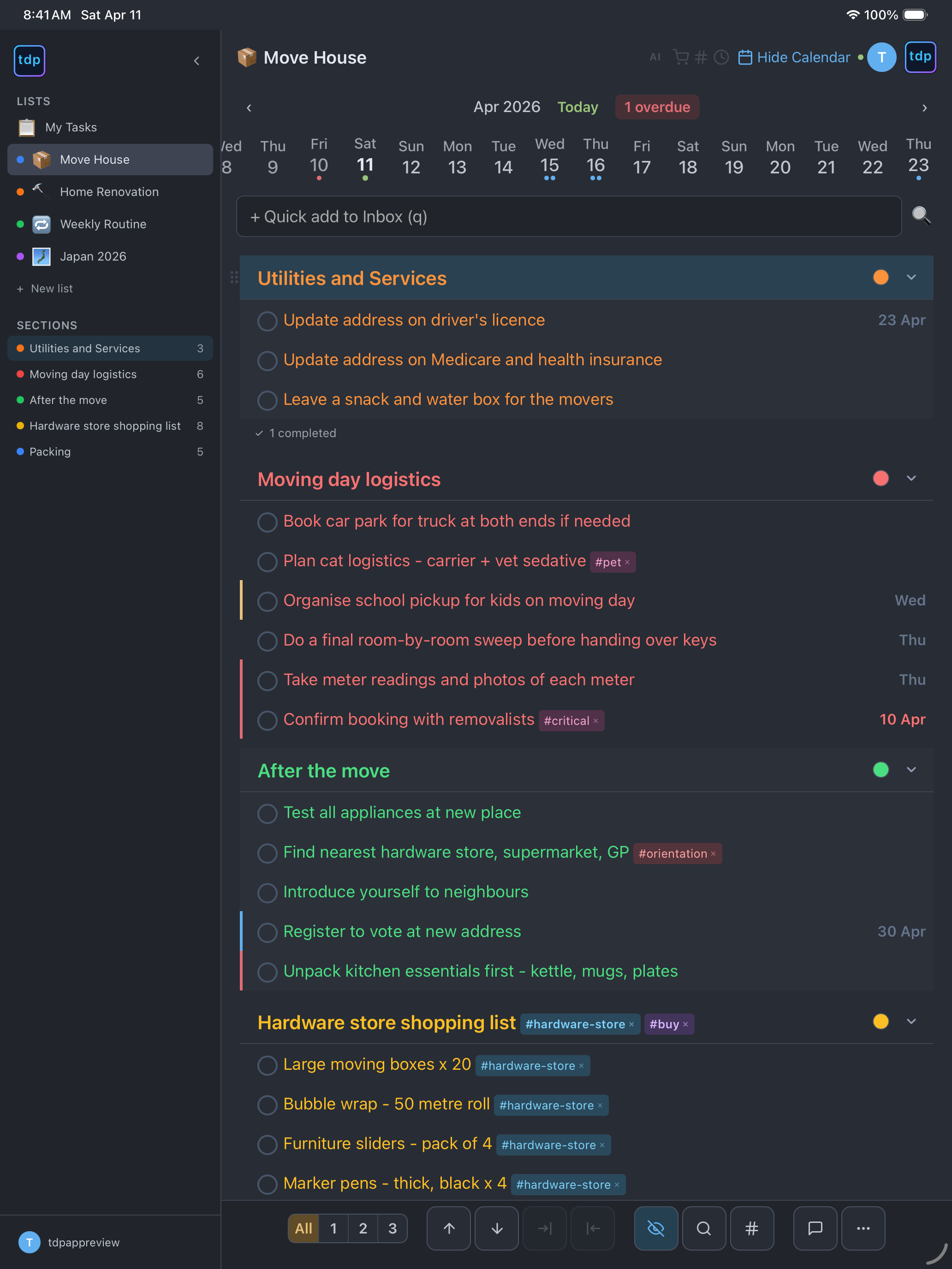 Nested task list with sidebar and sections